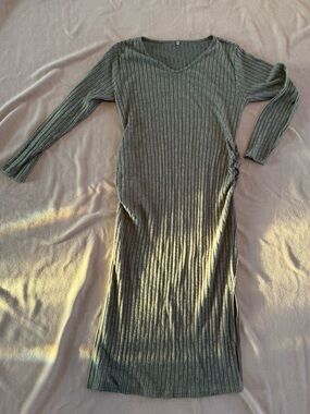 Ribbed Knit Long Sleeve Dress - Olive Green